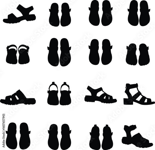 Comprehensive vector silhouettes of various sandals and open-toed footwear styles, perfect for fashion, summer, casual wear, and outdoor-themed designs.
