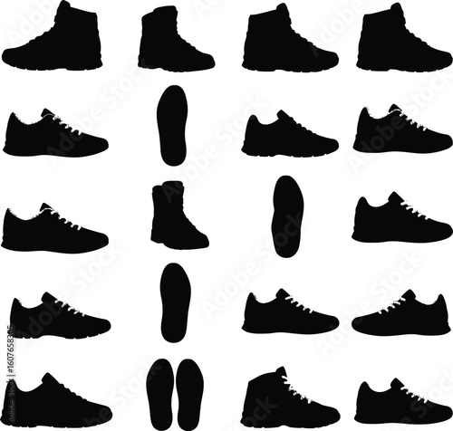 Extensive vector silhouettes of various shoes including sneakers, boots, and their soles, ideal for athletic, casual, outdoor footwear, and fashion designs.