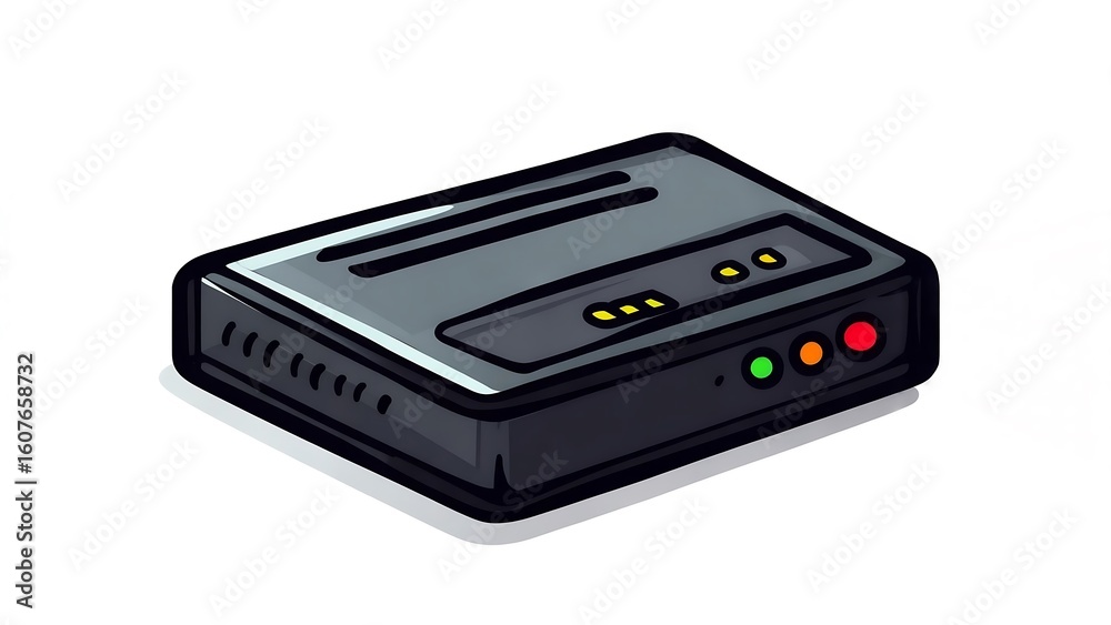 Fototapeta premium Black internet router or modem with glowing LED status lights, cartoon vector illustration.