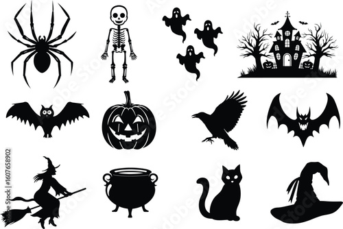 set of halloween element silhouette collection. Black and white vector editable file. pumpkin, ghost, cat, cauldron, horror house, female witch ride, owl, raven bird, skeleton, spider, witch hat