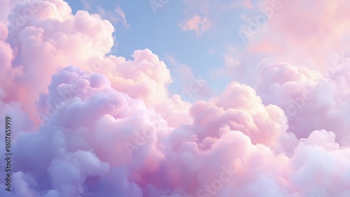 A dreamy sky filled with fluffy clouds in pastel colors
