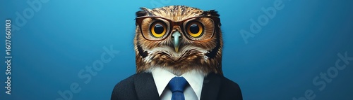 An intelligentlooking owl wears business attire with glasses and a tie against a blue background
