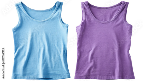 Two solid-color tank tops, light blue and lavender-purple, laid flat