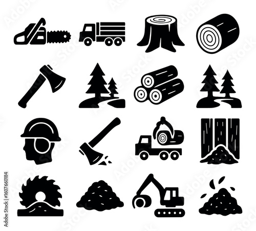 Silhouette icons of logging: chainsaw, truck, axe, logs, trees, equipment
