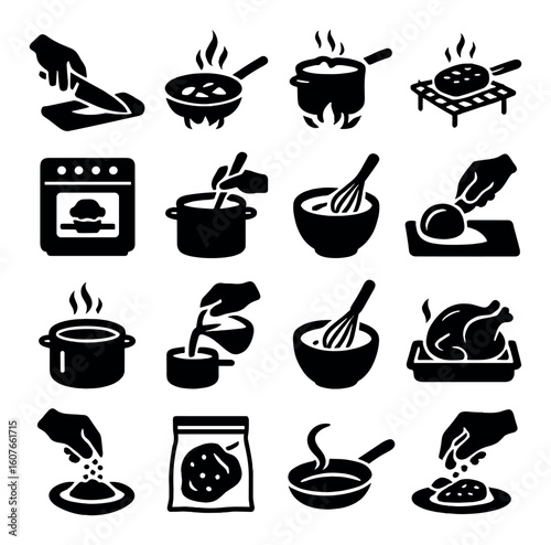 Cooking icon set: pots, pans, ovens, and ingredients for kitchen and culinary activities