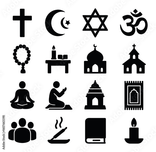 Religious symbols and practices: cross, crescent, star of david, om, meditation, prayer, temples