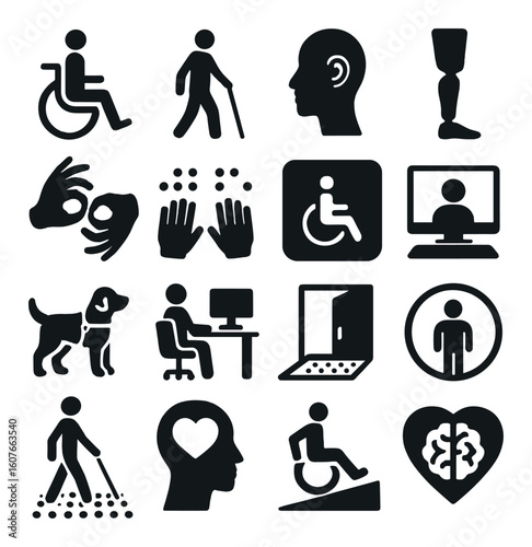 Accessibility icons: disability, mobility, communication, technology, support