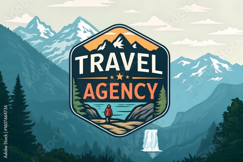 Text Travel Agency Logo mountains waterfalls service nature concept art resort design travel background holiday tickets trip banner cruise hotel marketing company booking agency vacation template tour