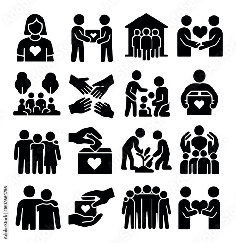 Volunteer and community support icons depicting charity and giving initiatives