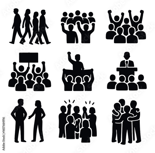Silhouette icons of protests and gatherings with diverse groups