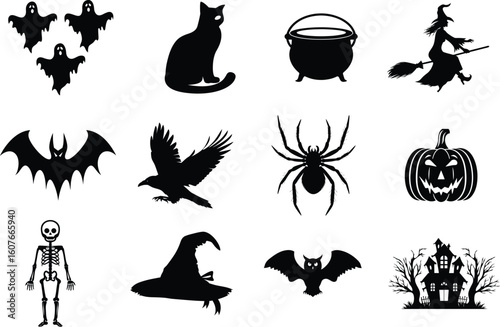 set of halloween element silhouette collection. Black and white vector editable file. pumpkin, ghost, cat, cauldron, horror house, female witch ride, owl, raven bird, skeleton, spider, witch hat
