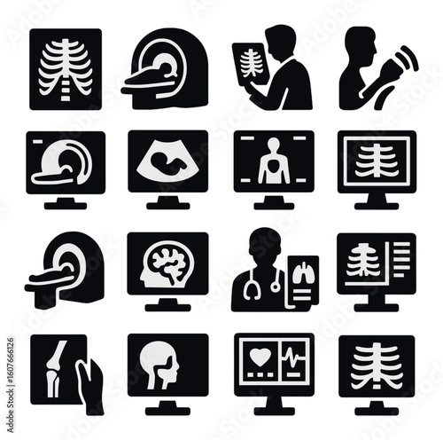 Medical imaging icons set featuring x-ray, mri, ultrasound diagnostics symbols