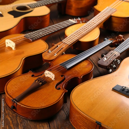 Collection of stringed instruments on wooden surface