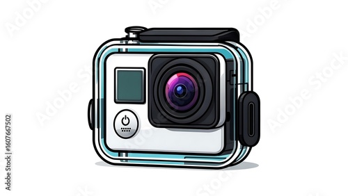 Vector illustration of an action camera in a waterproof housing, ideal for adventure and sports.