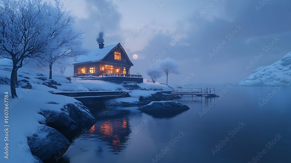 Fototapeta premium Tranquil snowy island scene with glowing house at twilight