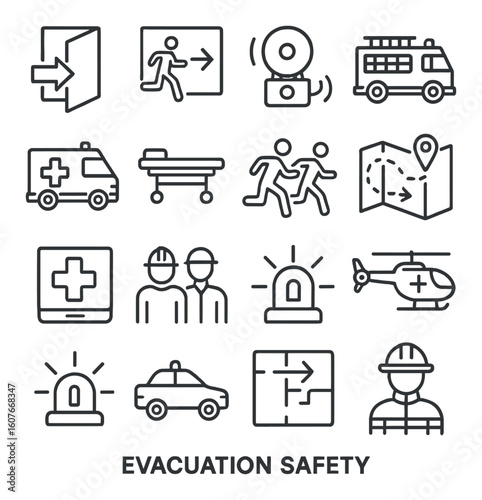 Emergency evacuation icons for safety and rescue planning