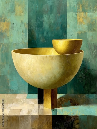 the composition features two rounded vessels, one smaller nestled inside a larger one, both exhibiting a warm, golden tone