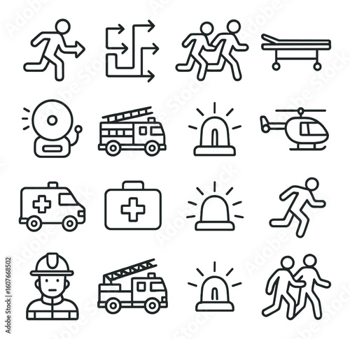 Emergency response icons set featuring ambulance and firefighter symbols
