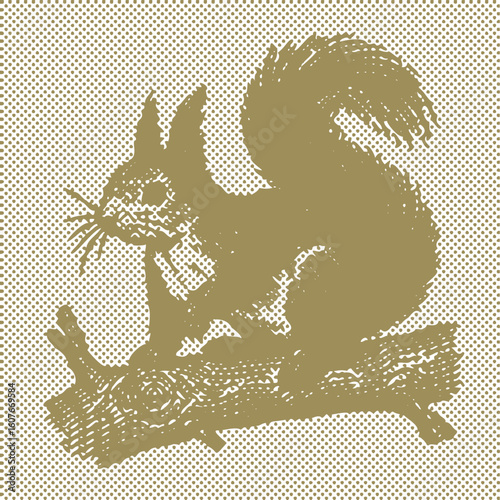  Golden standing squirrel on wooden branch digital art vector, canvas template stamp dot halftone