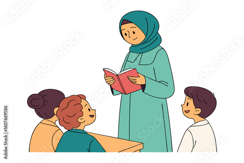 Muslim man wearing a white turban and traditional robes reading from an open holy book