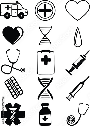 Medical icons including ambulance heart D N A syringe and stethoscope