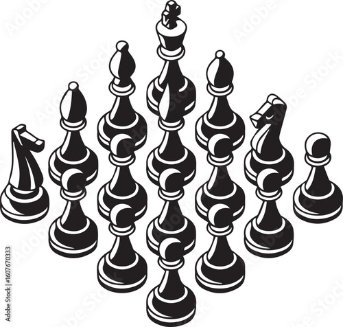 Strategic formation of black chess pieces in an isometric view. A vector graphic symbolizing leadership, tactics, and teamwork.