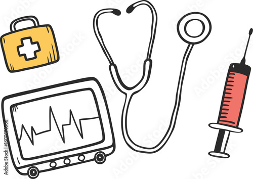 Medical equipment doodle art with stethoscope syringe monitor and first aid kit
