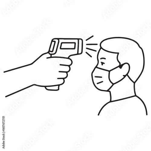 Temperature Screening Illustration with Masked Individual Being Scanned Using a Non Contact Thermometer for Fever Detection During Covid Pandemic