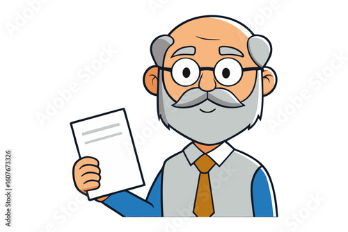 Friendly cartoon older gentleman with glasses and beard holding a document ready to share information