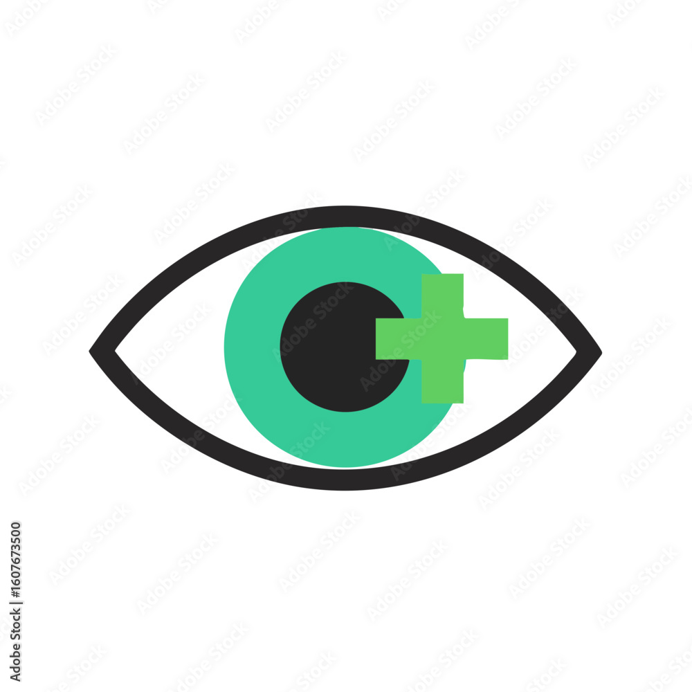 Obraz premium Vector illustration of eye with plus symbol on white background, vision improvement concept