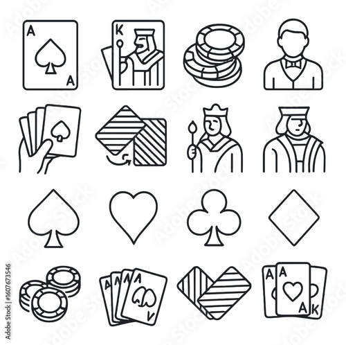 Outline icon set featuring playing cards, royal figures, and casino chips