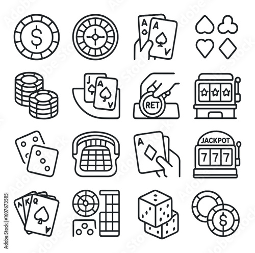 Casino gaming icons: cards, roulette, poker, slot machine illustrations