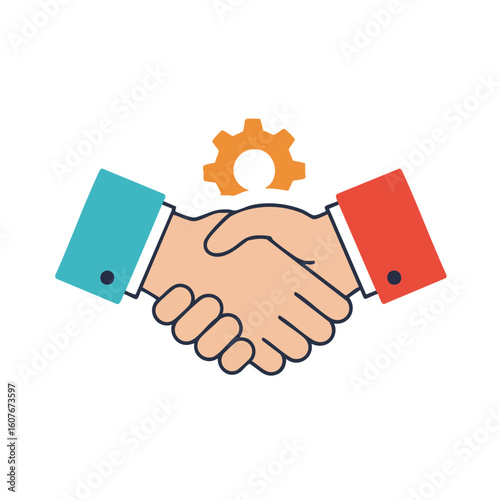Vector illustration of handshake with gear symbol on white background, cooperation and business concept