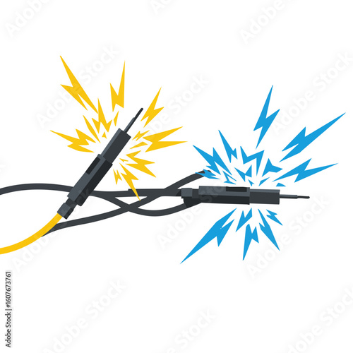 Vector illustration of electric spark wires on white background, energy and danger concept