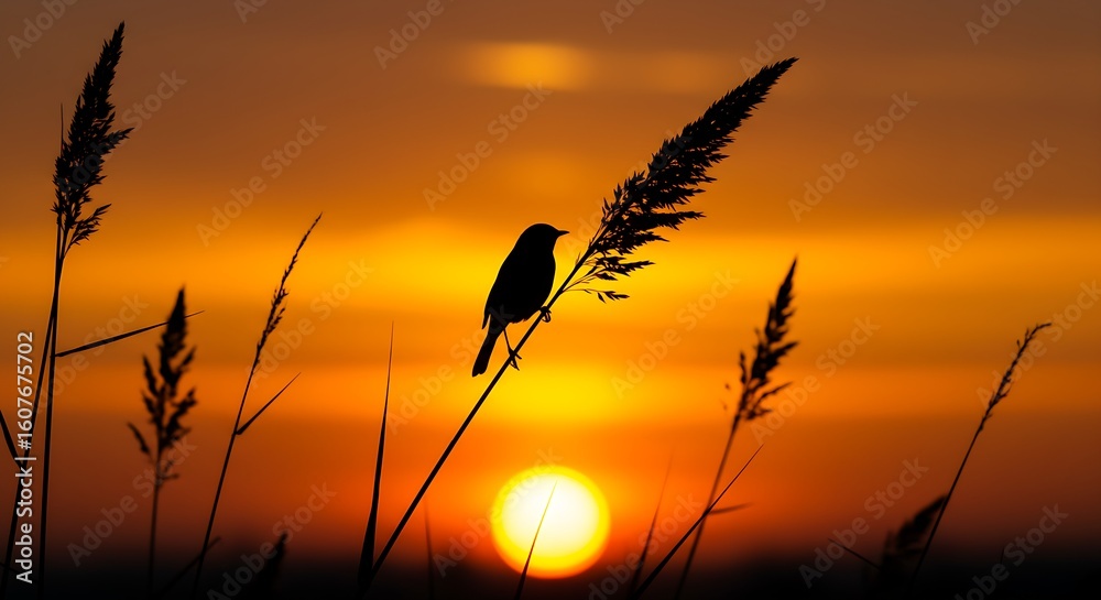 Obraz premium Stunning silhouette of a bird perched on grass against a vibrant orange and yellow sunset sky.