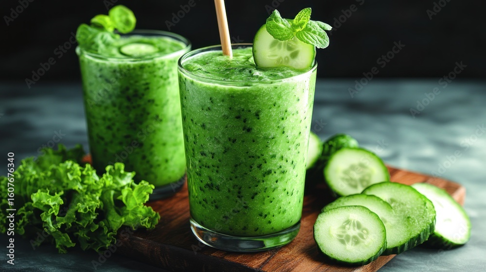 Two vibrant green smoothies, garnished with cucumber and mint, sit on a wooden board with fresh ingredients Two vibrant green smoothies, garnished with cucumber and mint, sit on a wooden board with fresh ingredients