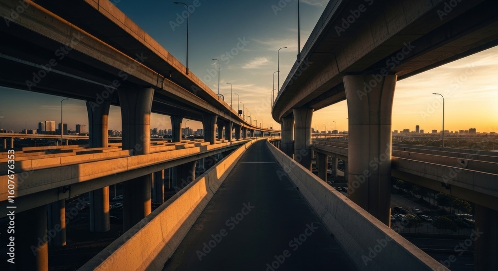 Elevated roads converge at golden hour Elevated roads converge at golden hour