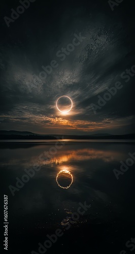 An eclipse over the water, with a halo around it, at sunset. The sky is dark and somber, with some light coming from behind the moon. 