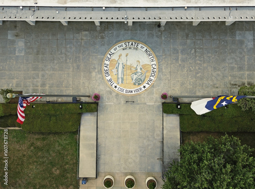 Photos Aerial view of the North Carolina State legislature building with the state seal