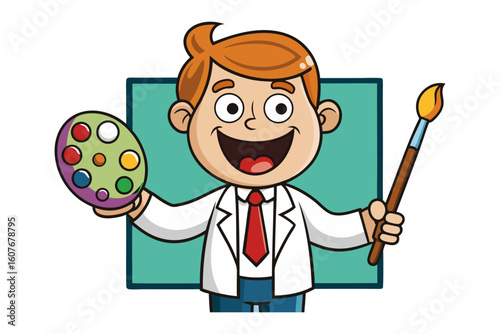 Joyful cartoon artist with vibrant paint palette and brush ready to create masterpieces