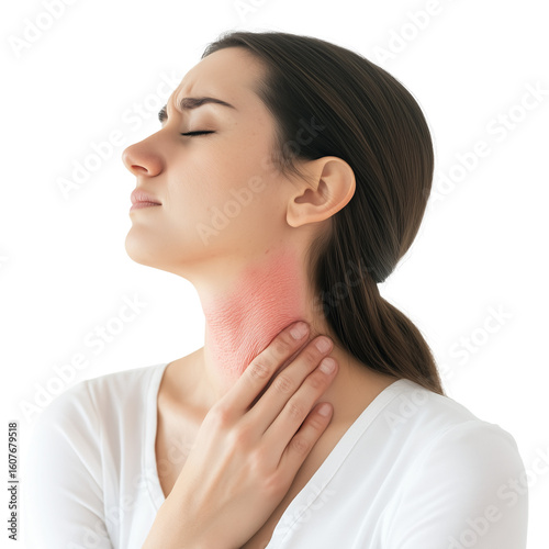 A young woman with a pained expression touches her red, inflamed throat, symbolizing discomfort, illness, sore throat, medical symptoms, and the need for health care.