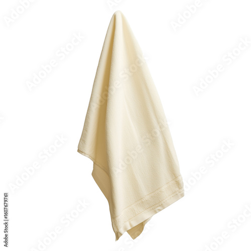 A clean, plain cream-colored dish towel hangs simply, symbolizing domestic chores, kitchen cleanliness, everyday textiles, and practical home essentials for cooking and tidying.