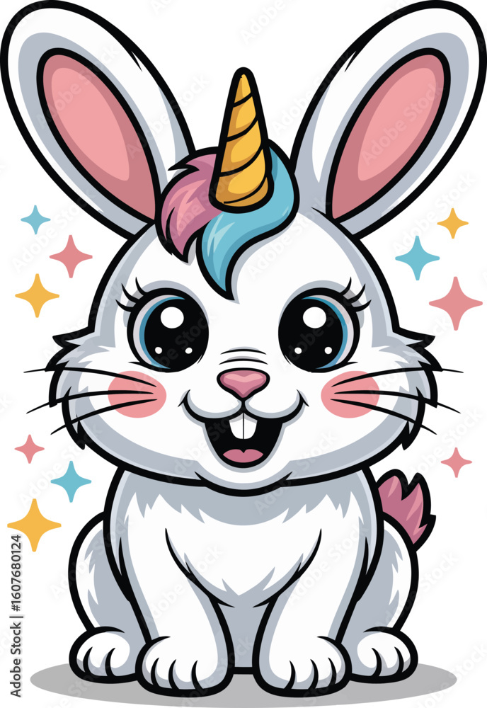 Fototapeta premium Whimsical white bunny with unicorn horn and colorful mane rabbit fantasy