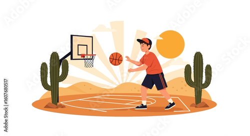 Boy Playing Basketball on Desert Court Surrounded by Cactus in Sunny Weather