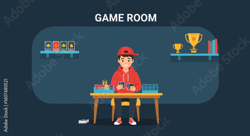 Boy Playing Cards In His Room Having Two Trophies And Books On Shelf