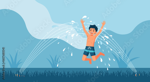 Boy Playing Happily In The Sprinklers During A Warm Summer Day