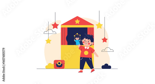 A Child Delights in Playtime Theatre With a Handcrafted Puppet Show Display