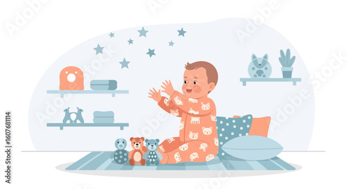 Adorable Happy Infant Sits on a Play Mat, Surrounded by Toys and Pillows