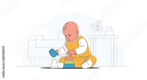 Adorable Infant Stacking Colorful Cups During Playtime At Home In Line Art