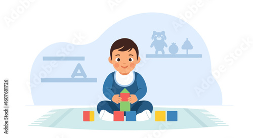 Adorable Toddler Enjoys Building Blocks During Playtime In Nursery Environment